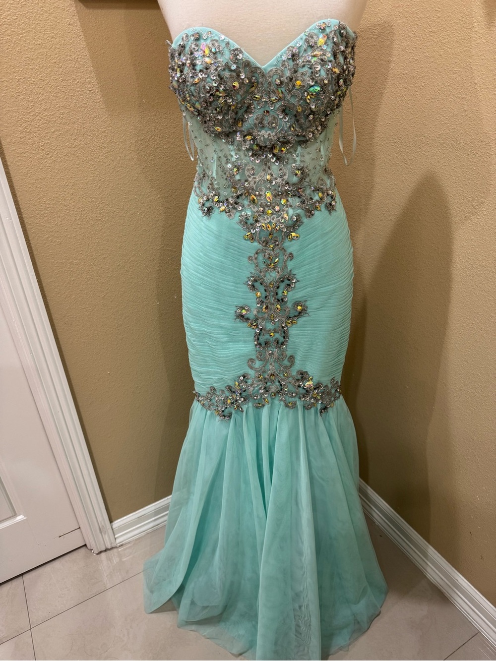 Strapless Mint Mermaid Evening Gown with Crystal Embellishment